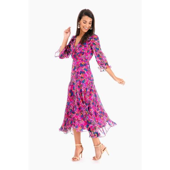 Saloni Edith Pink Floral V-Neck Midi Dress Silk Ruffle Size 0 Women's Preowned - Picture 1 of 15